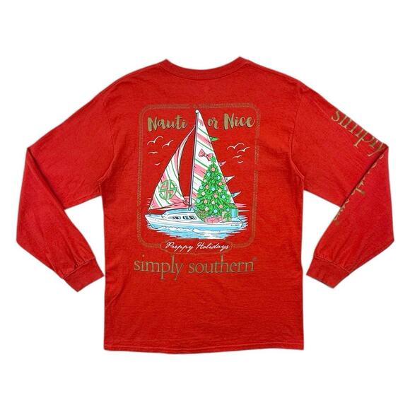 Simply Southern Shirt Womens Medium Red Nauti Or Nice Preppy Holiday Long Sleeve - Picture 7 of 11